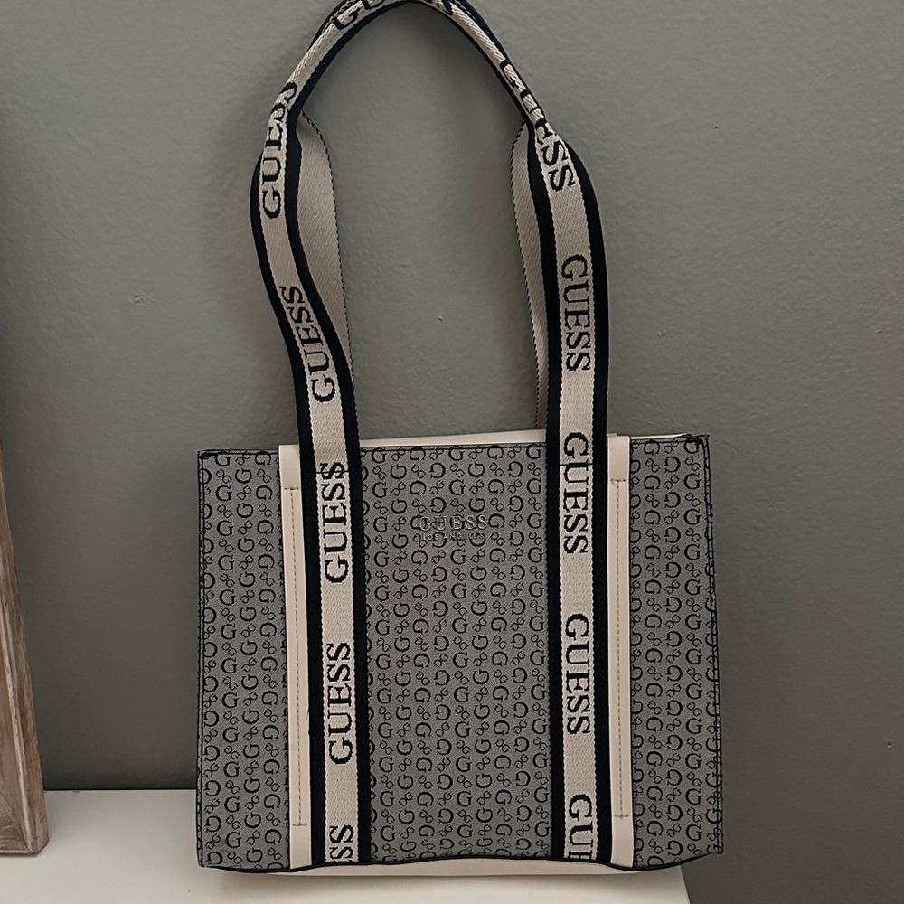 GUESS Monogrammed Black and Cream Tote